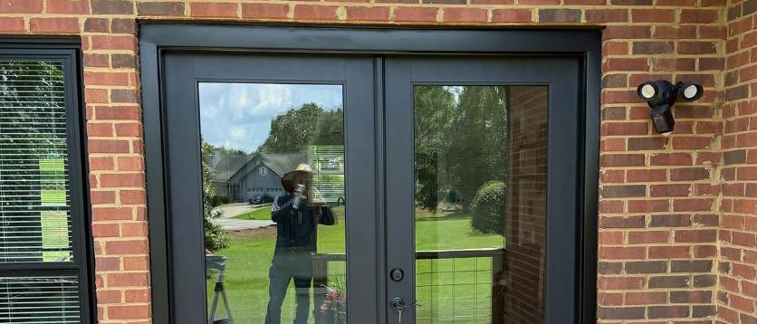 Black French doors set into red brick, opening onto a composite deck